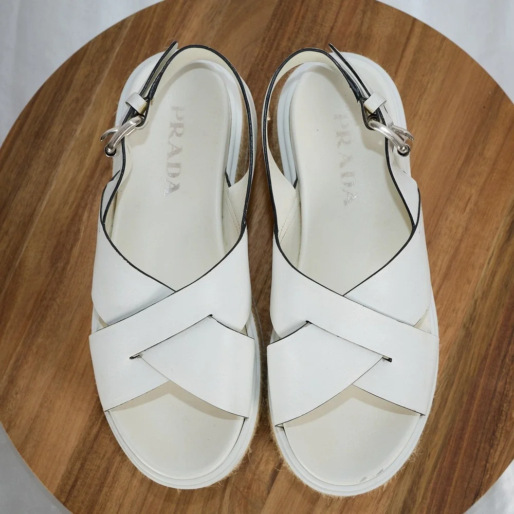 Prada White Leather Crisscross Platform Espadrille Sandals 36 Slingback Flatform